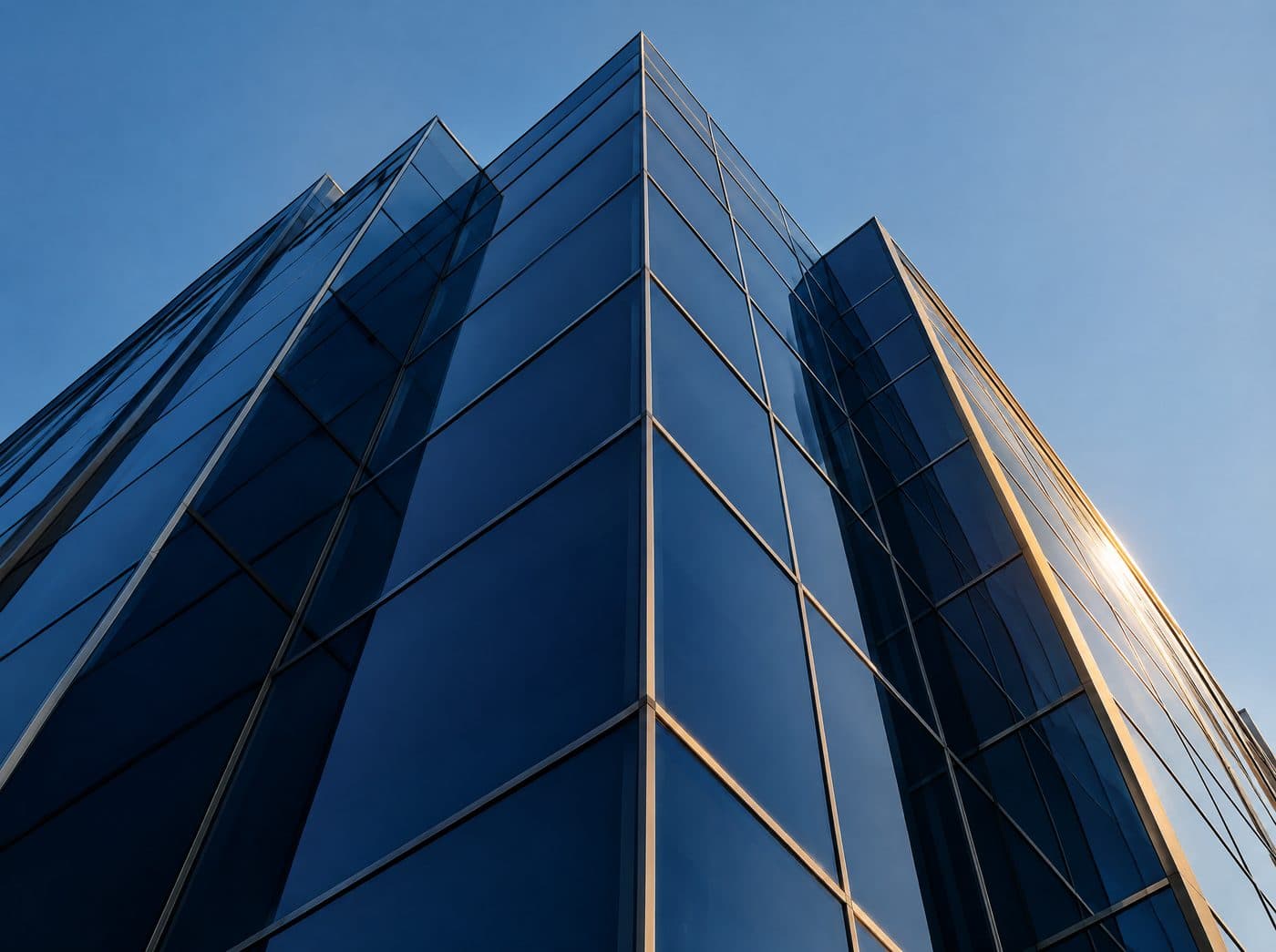 Fachada corporativa de cristal azul marino con geometría angular vista desde abajo