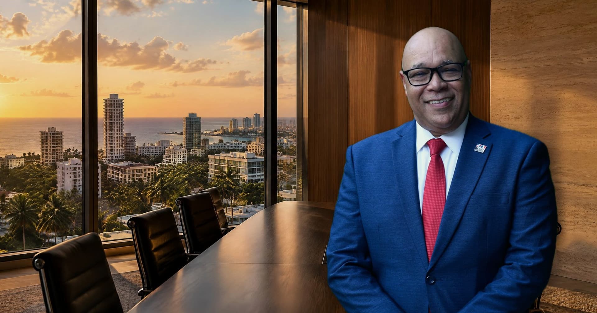 Domingo Alberto Paulino Rodríguez, CEO de DOMPAR Consulting, en una sala de reuniones con vista a la ciudad