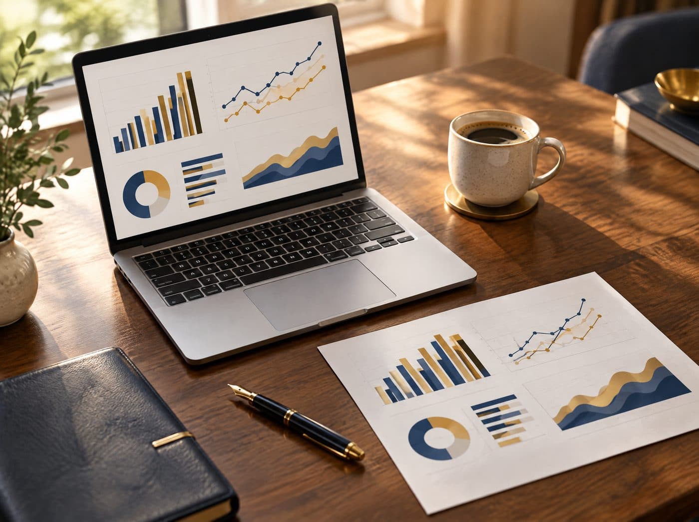 Laptop y reporte impreso con gráficos de indicadores sobre un escritorio