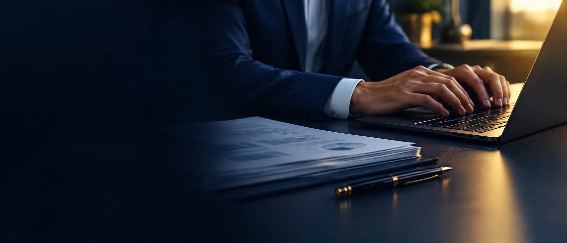 Manos de un ejecutivo trabajando en una laptop junto a informes impresos