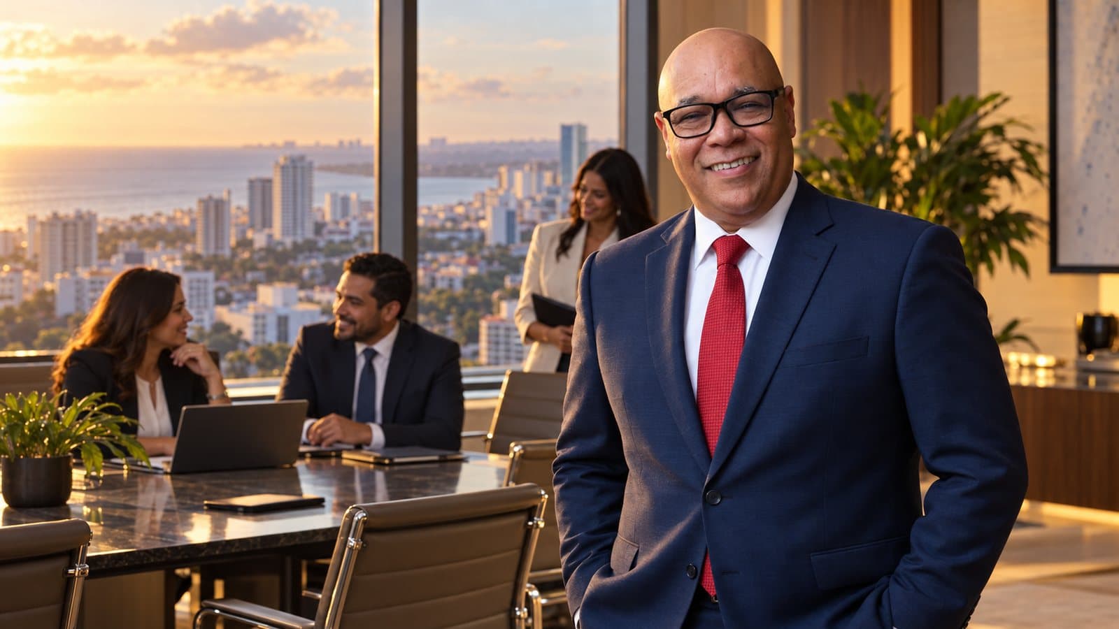 Domingo Paulino, CEO de DOMPAR Consulting, en una sala de juntas con vista al mar al atardecer