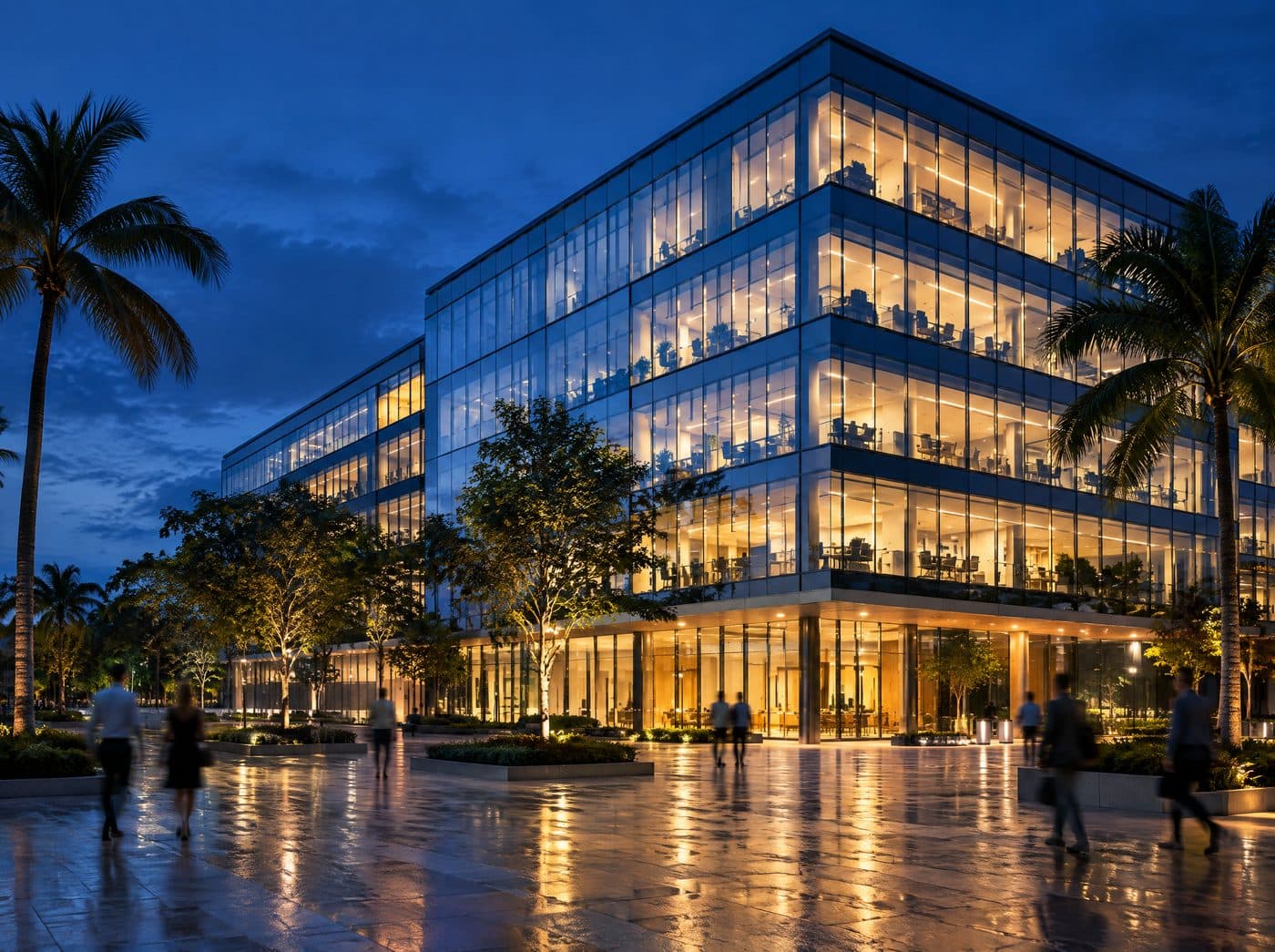 Edificio corporativo de cristal iluminado al anochecer, con plaza arbolada y palmeras