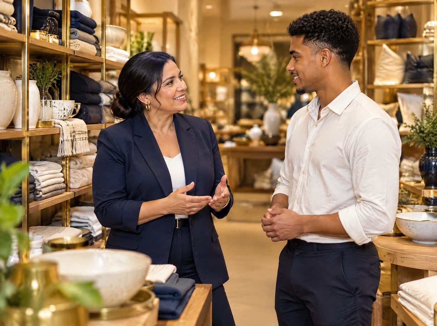Gerente de tienda conversa con un colaborador en un local comercial