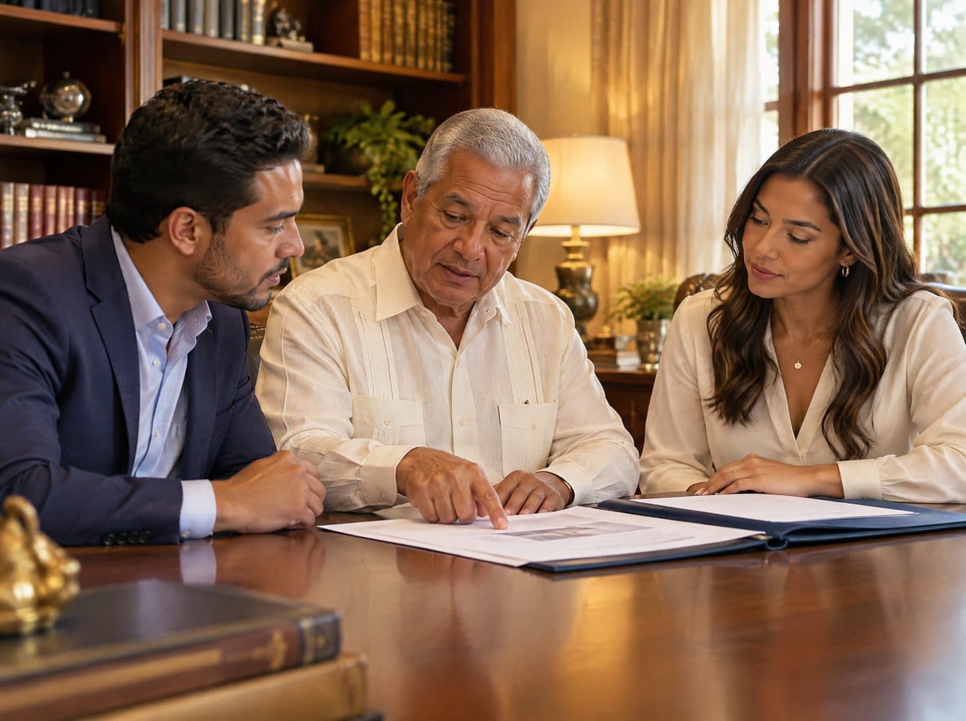 Fundador de una empresa familiar revisa documentos con su hijo y su hija