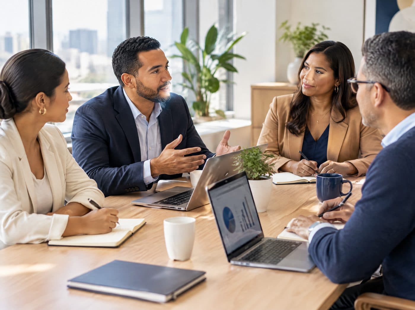 Equipo de una firma de servicios profesionales reunido en una oficina luminosa