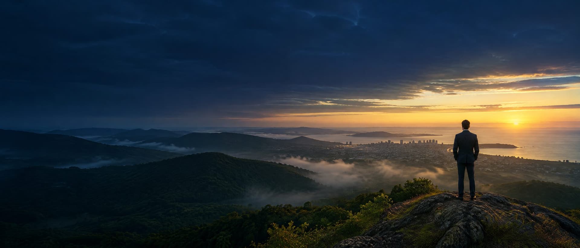 Ejecutivo en la cima de una colina al amanecer contemplando un valle y una ciudad costera