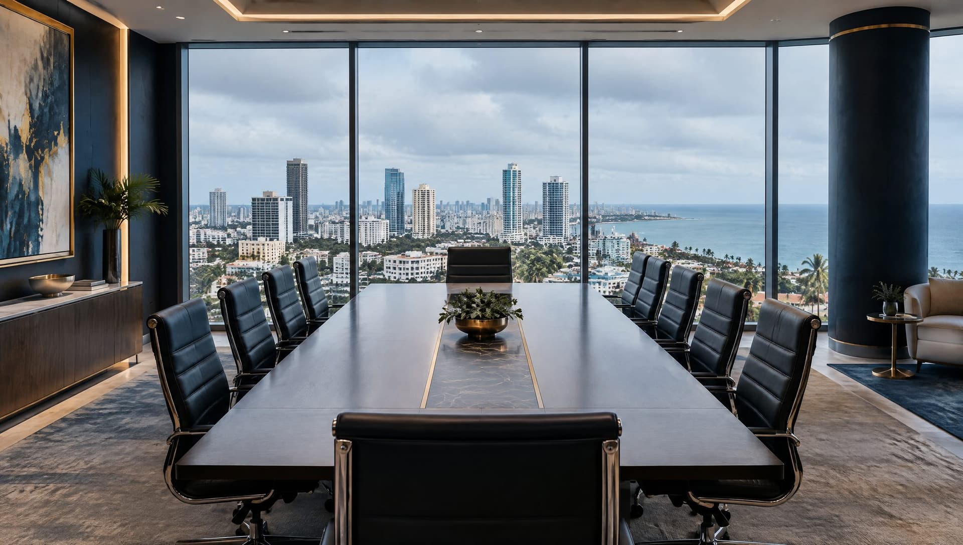Sala de juntas moderna con ventanales panorámicos hacia la ciudad y el mar
